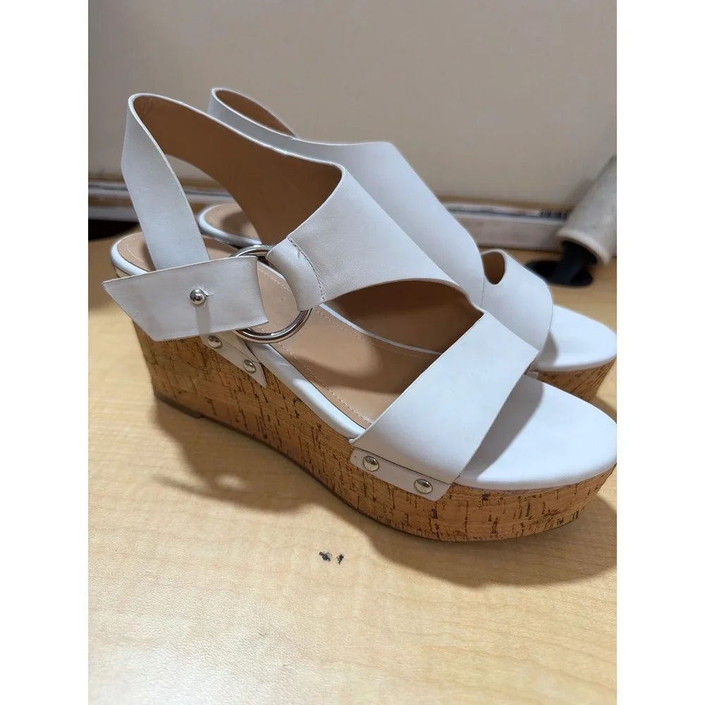 Marc Fisher White Leather Cork Platform Wedge Sandals Silver Studs Womens 7.5M